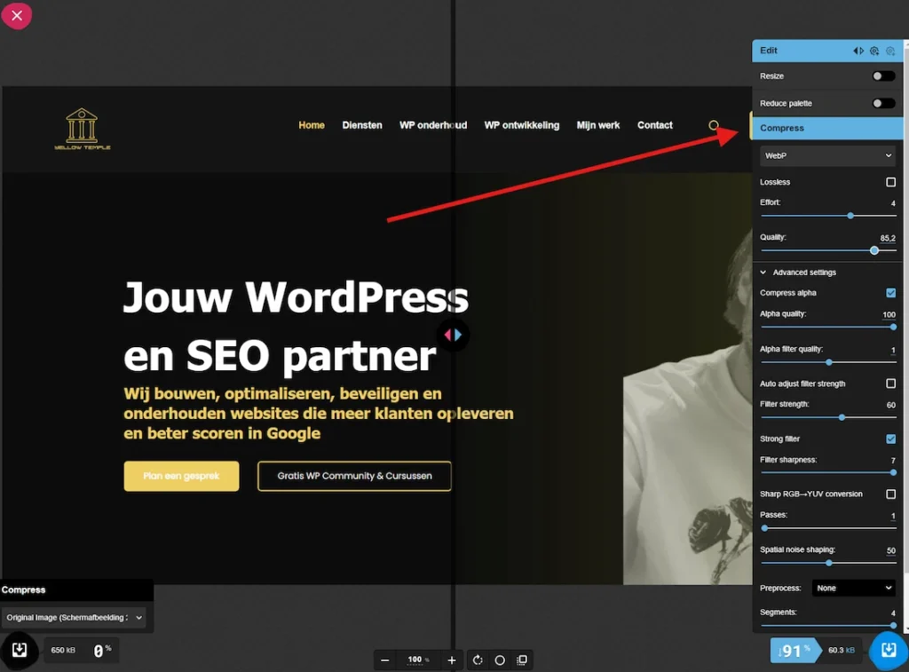 WordPress afbeeldingen optimaliseren compressie instellen met Squoosh