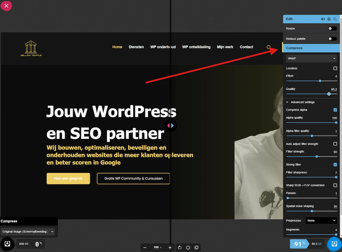 WordPress afbeeldingen optimaliseren compressie instellen met Squoosh
