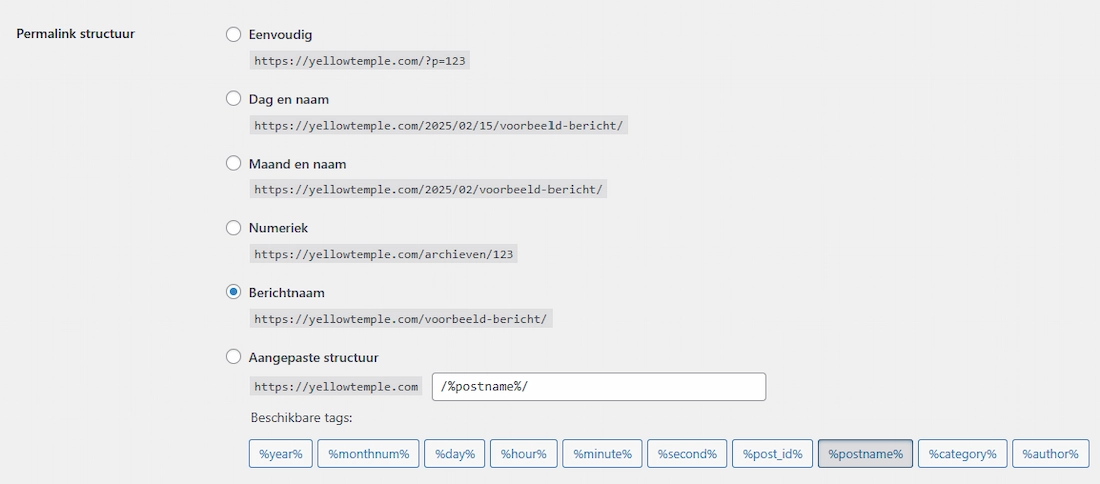 Permalinks instellen WordPress - instellingen scherm