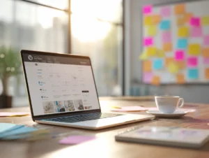 Wat is WordPress? Moderne thuiswerkplek met WordPress dashboard op laptop, ontwerpschetsen en prikbord met notities in natuurlijk daglicht